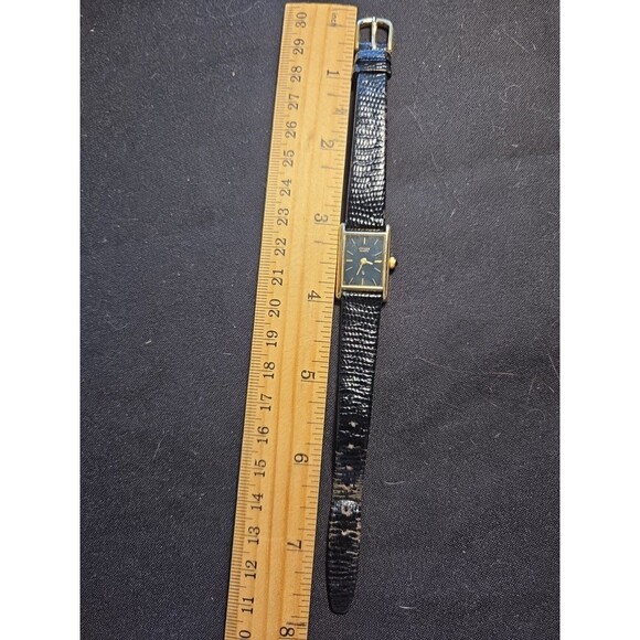 Citizens Quartz ladies rectangle black face goldtone black Leather 13mm Watch - Picture 6 of 11